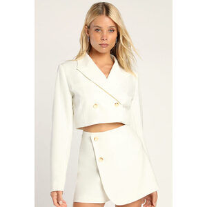 Lulus Suit 'em Up White Double-breasted Cropped Blazer - Size S
